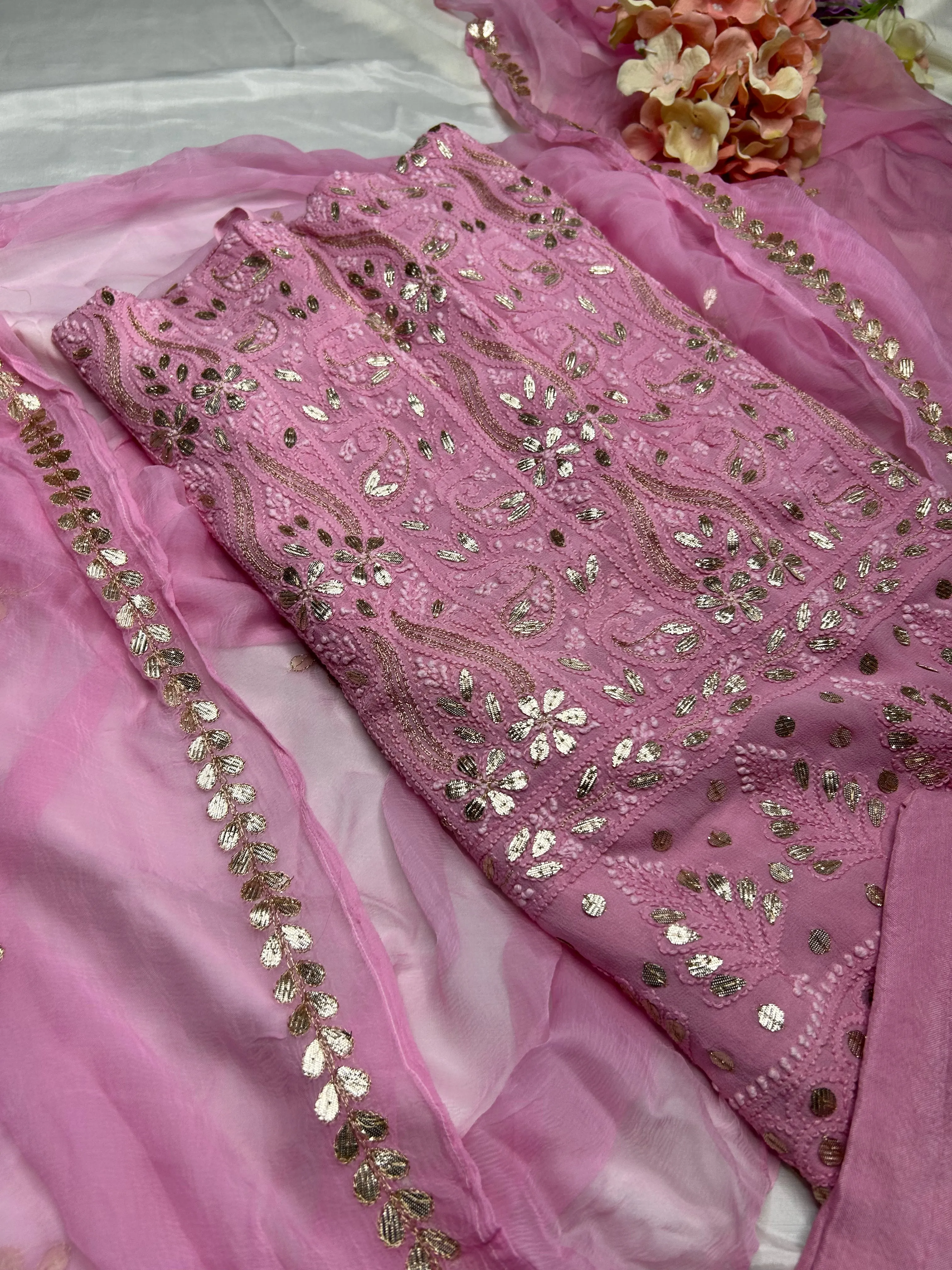 Salmon Pink Chikankari Gota Patti Salwar Kameez Fabric