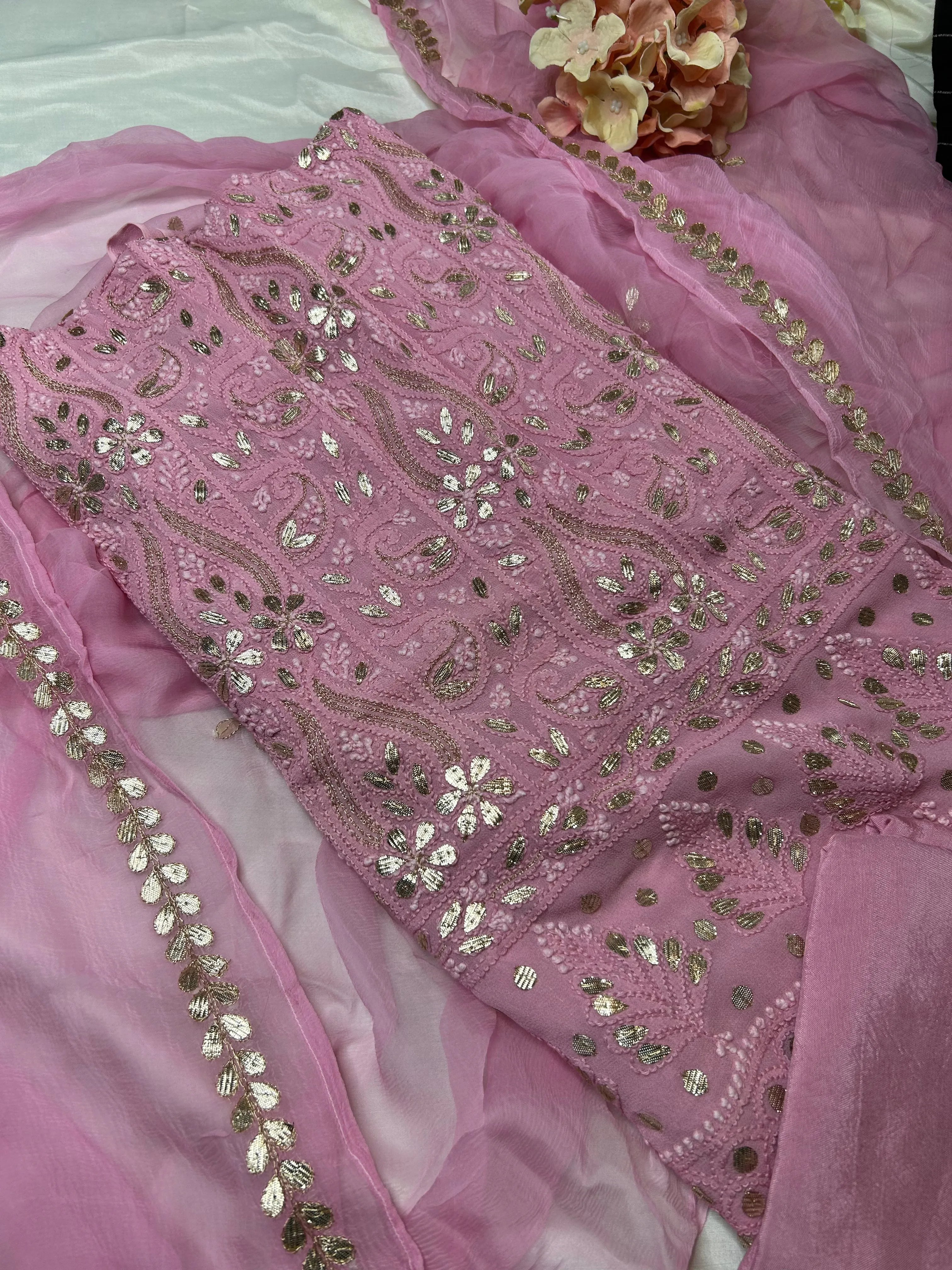 Salmon Pink Chikankari Gota Patti Salwar Kameez Fabric