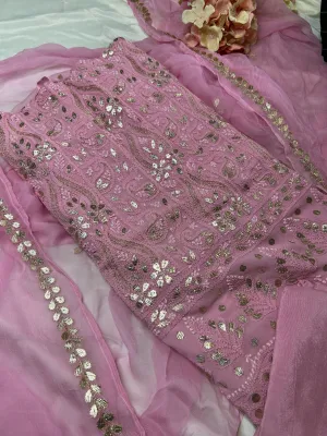 Salmon Pink Chikankari Gota Patti Salwar Kameez Fabric