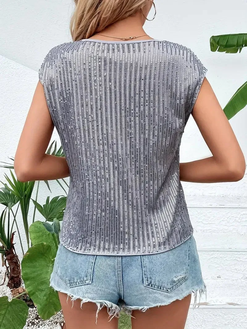 Sequin Top – Cap Sleeves – Party Night Sparkle