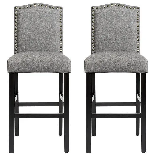 Set of 2 Bar Height Dining Side Barstools with Thick Cushion-Gray - Color: Gray