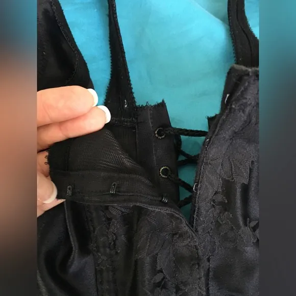 Sexy thick black satin heavy duty lace up corset w boning. Has been altered!