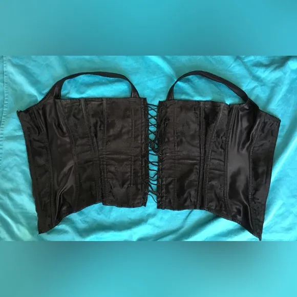 Sexy thick black satin heavy duty lace up corset w boning. Has been altered!