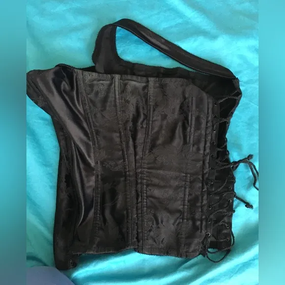 Sexy thick black satin heavy duty lace up corset w boning. Has been altered!