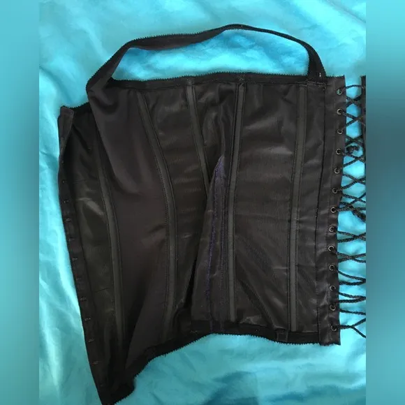 Sexy thick black satin heavy duty lace up corset w boning. Has been altered!