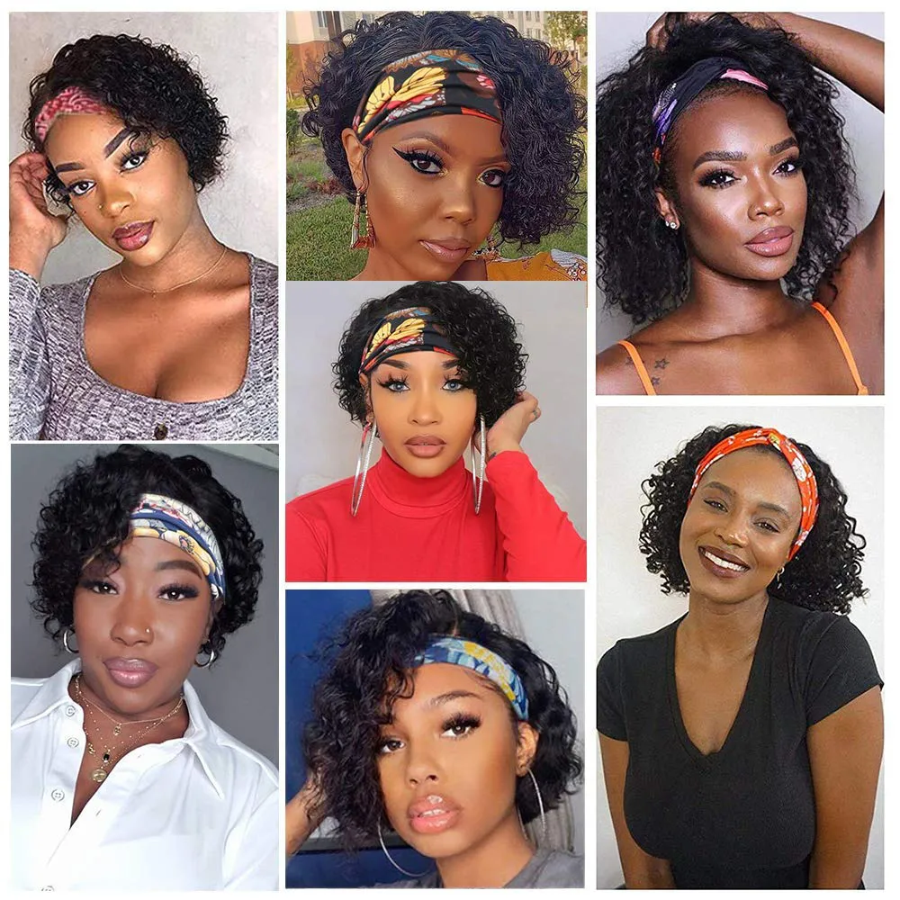 Short Bob Pixie Cut Brazilian Virgin Human Hair Headband Wigs