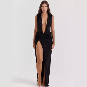 Sienna Sleeveless Plunge Neck Ruched High-Slit Maxi Dress