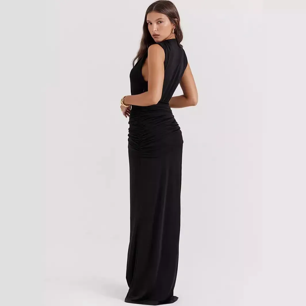 Sienna Sleeveless Plunge Neck Ruched High-Slit Maxi Dress