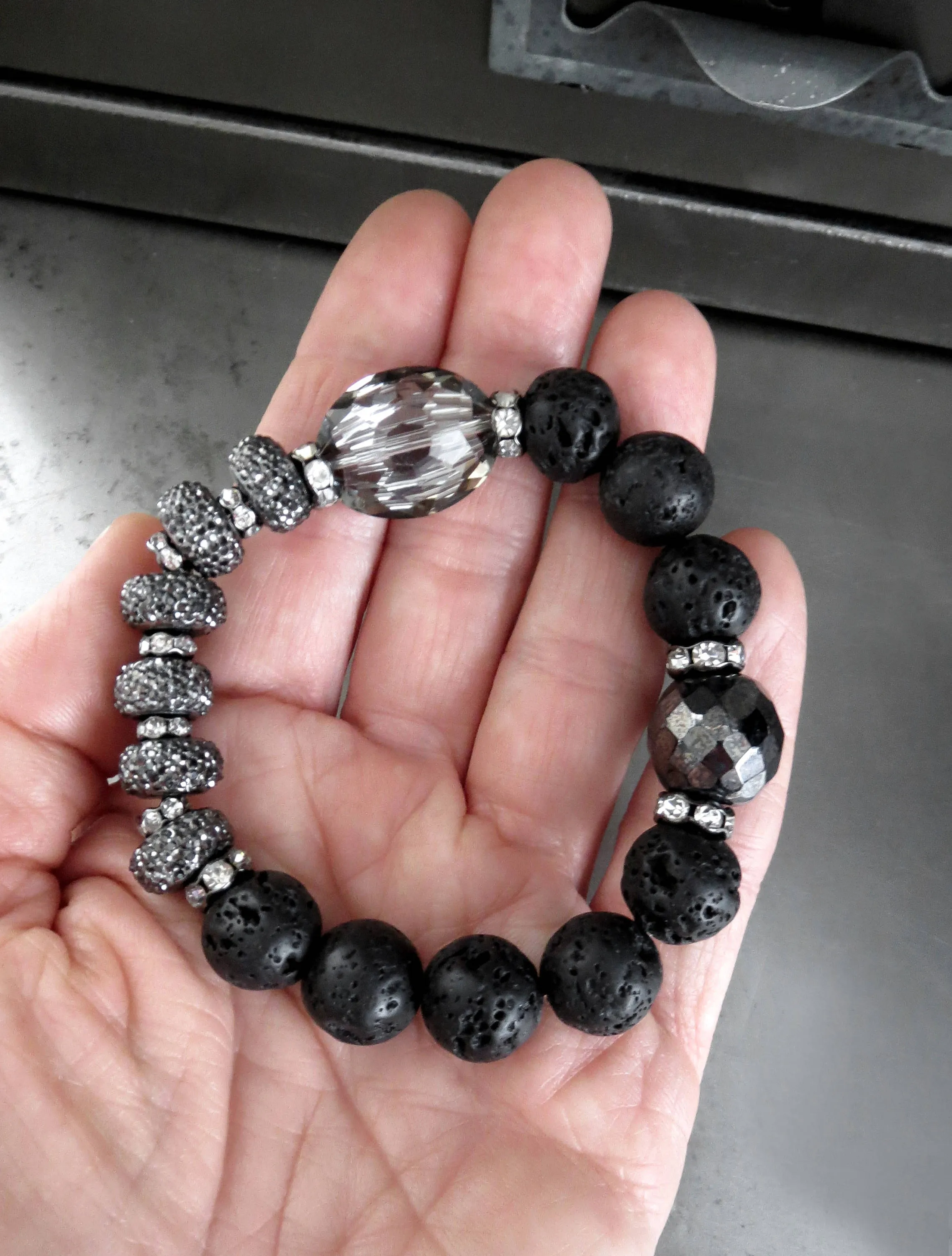 SILVER MOON - Black Lava Bead Bracelet with Crystal