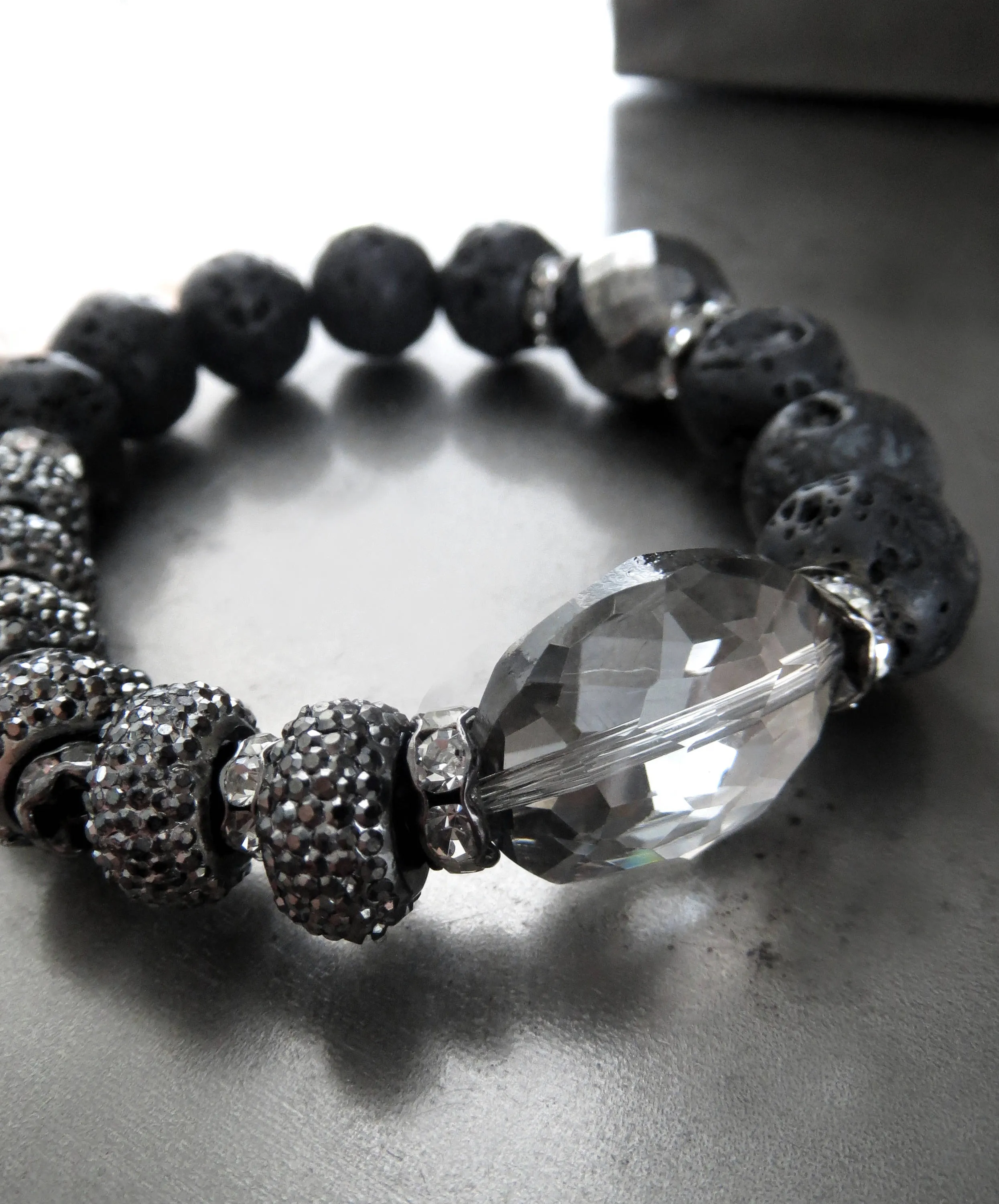 SILVER MOON - Black Lava Bead Bracelet with Crystal