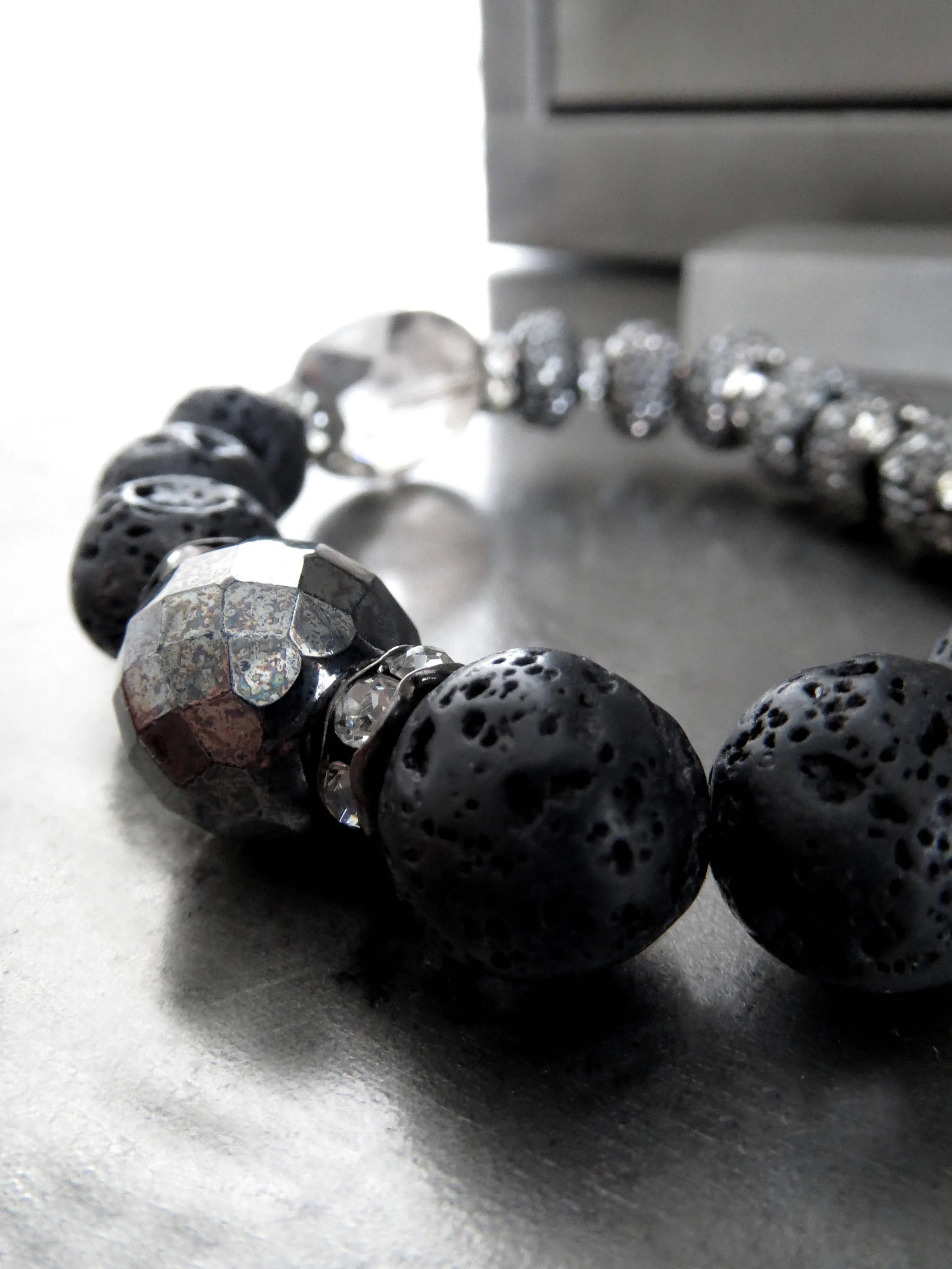 SILVER MOON - Black Lava Bead Bracelet with Crystal