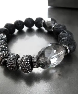 SILVER MOON - Black Lava Bead Bracelet with Crystal