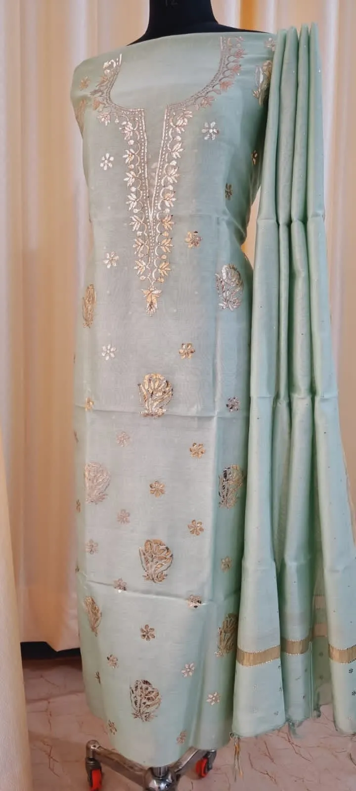 Sky Blue Chanderi Chikankari Silk Kurti And Dupatta
