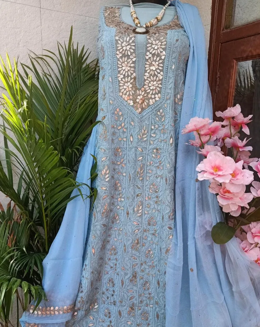 Sky Blue Georgette Chinkari Gota Salwar Suit Unstitched Dress Material