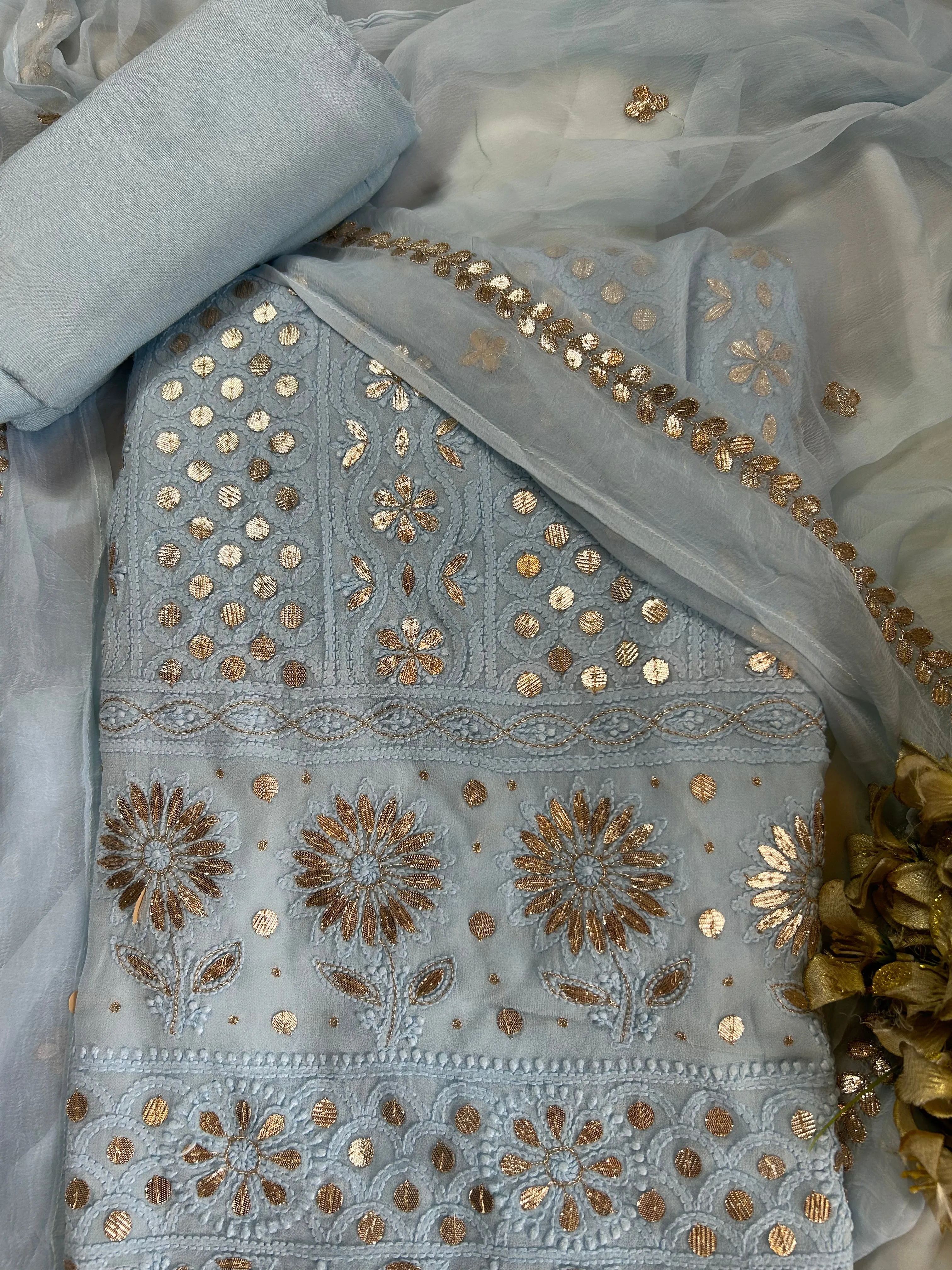 Slate Grey Lucknowi Chikankari Gota Patti Salwar Kameez Unstitched Fabric