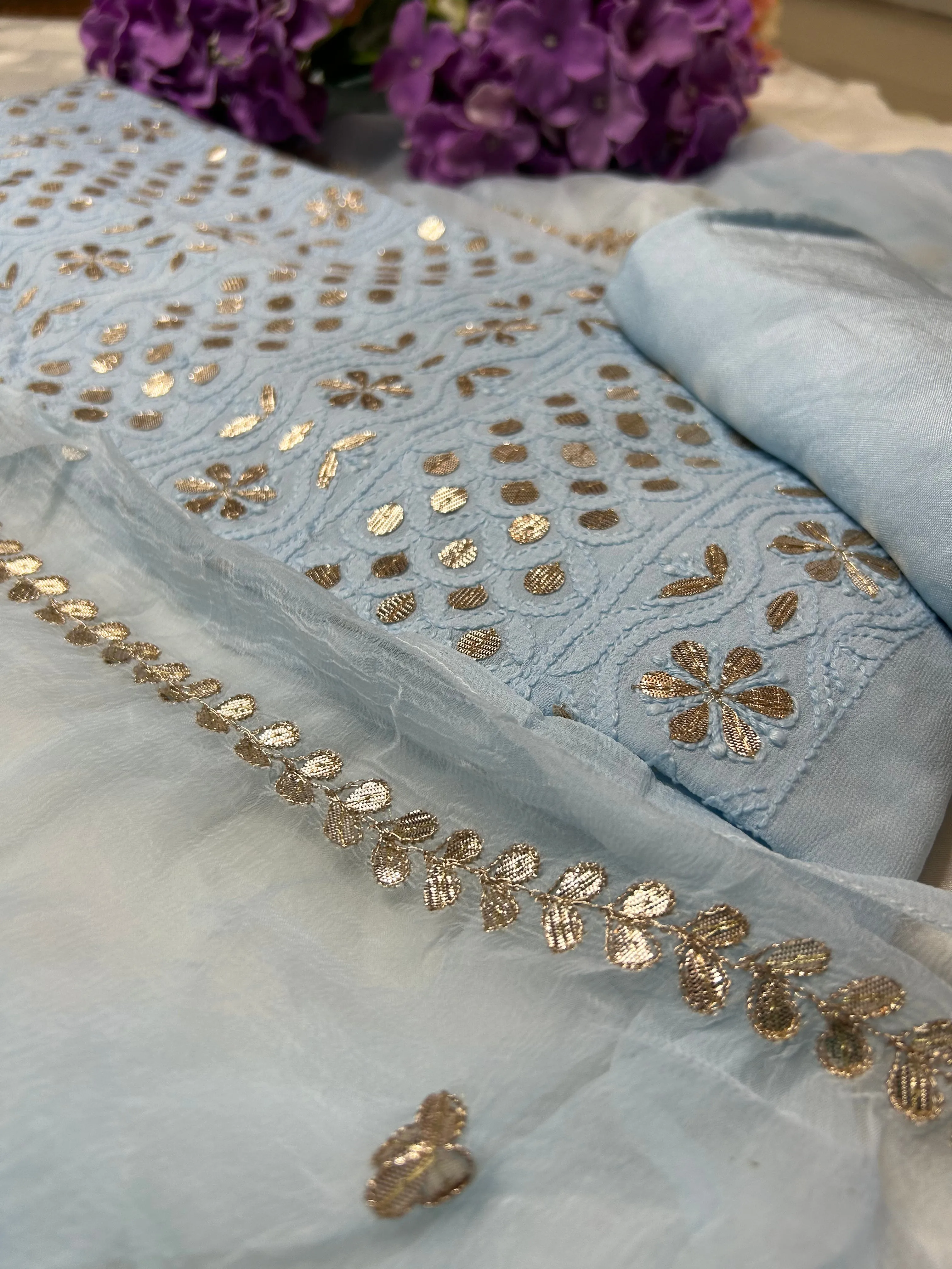 Slate Grey Lucknowi Chikankari Gota Patti Salwar Kameez Unstitched Fabric