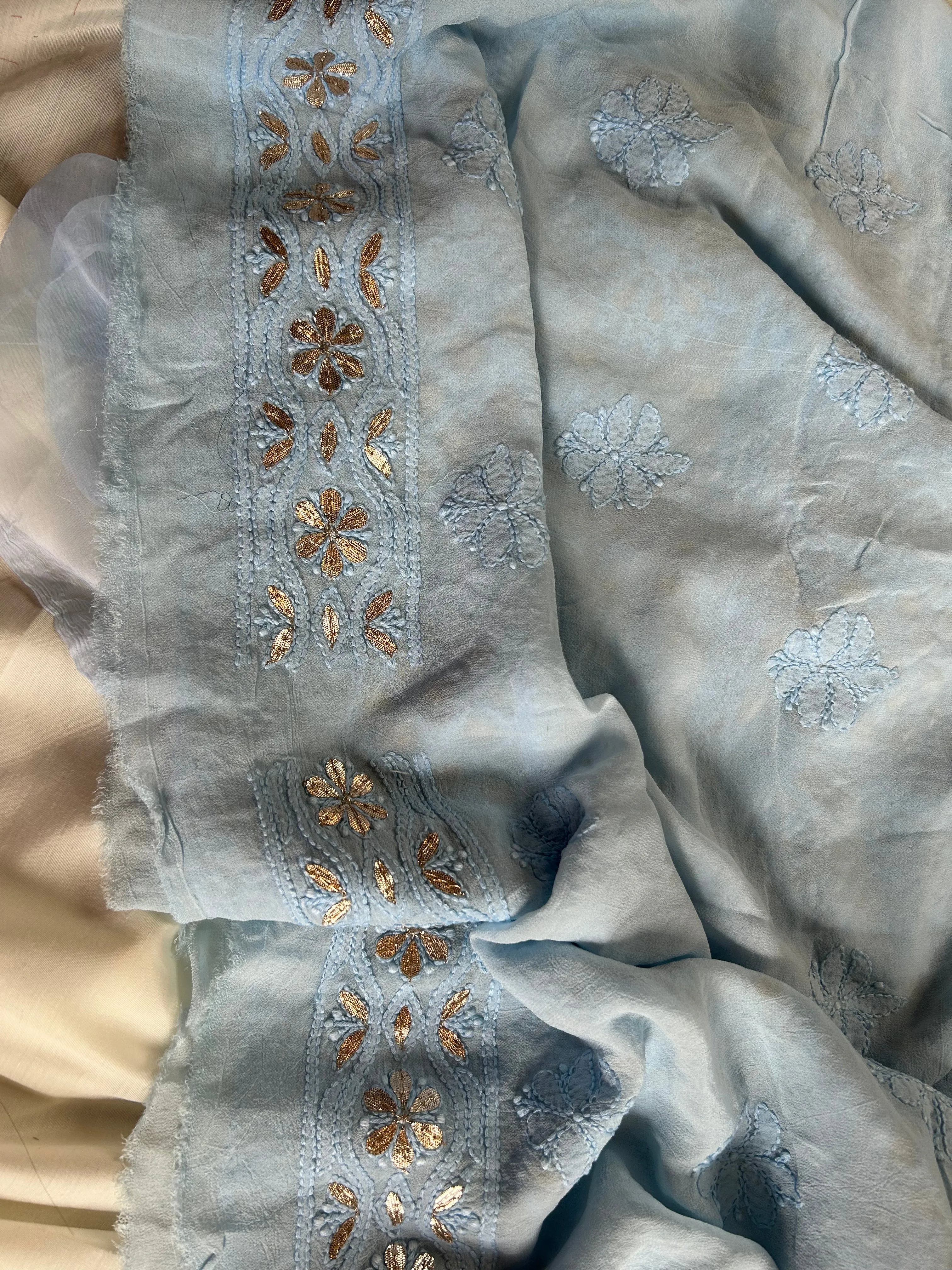 Slate Grey Lucknowi Chikankari Gota Patti Salwar Kameez Unstitched Fabric