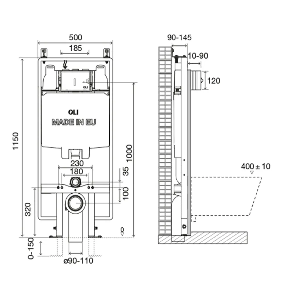 Slim 1.2m Wall-Hung Toilet Cistern Frame Front Flush