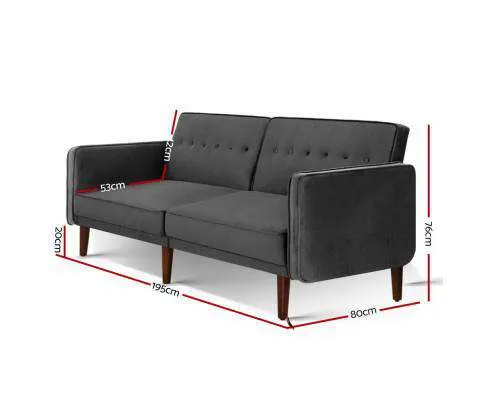 Sofa Bed Lounge 3 Seater Futon Couch Recline Chair Wood 195cm Velvet Dark Grey