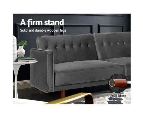 Sofa Bed Lounge 3 Seater Futon Couch Recline Chair Wood 195cm Velvet Dark Grey