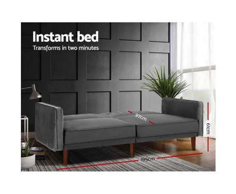 Sofa Bed Lounge 3 Seater Futon Couch Recline Chair Wood 195cm Velvet Dark Grey