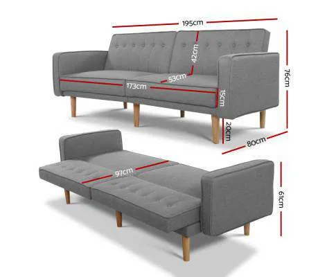 Sofa Bed Lounge 3 Seater Futon Couch Recline Chair Wooden 195cm Fabric