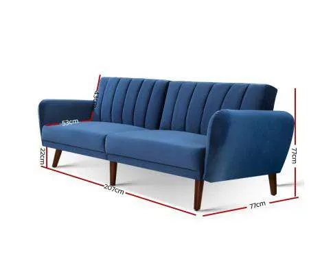 Sofa Bed Lounge 3 Seater Futon Couch Recline Chair Wooden 207cm Velvet - Blue