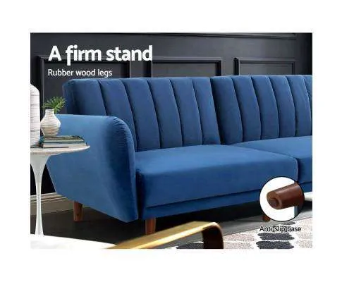 Sofa Bed Lounge 3 Seater Futon Couch Recline Chair Wooden 207cm Velvet - Blue