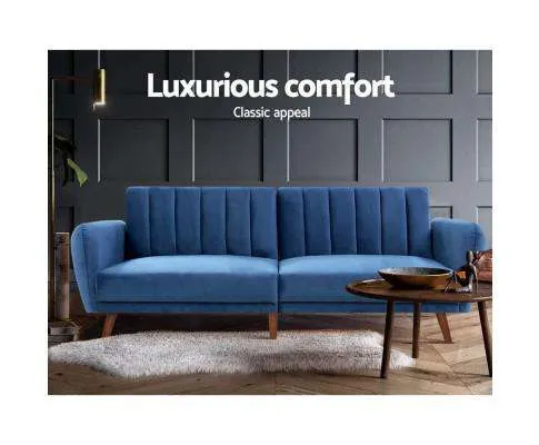 Sofa Bed Lounge 3 Seater Futon Couch Recline Chair Wooden 207cm Velvet - Blue
