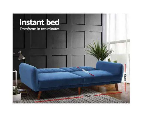 Sofa Bed Lounge 3 Seater Futon Couch Recline Chair Wooden 207cm Velvet - Blue