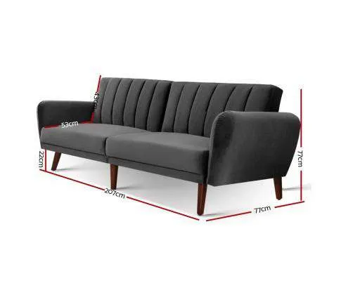 Sofa Bed Lounge 3 Seater Futon Couch Recline Chair Wooden 207cm Velvet - Dark rey