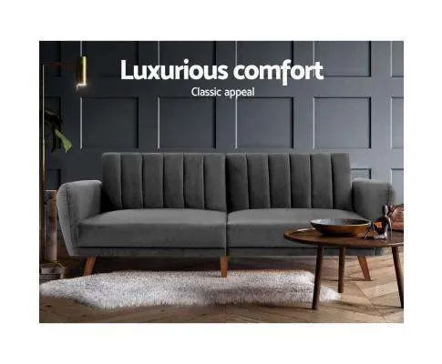 Sofa Bed Lounge 3 Seater Futon Couch Recline Chair Wooden 207cm Velvet - Dark rey
