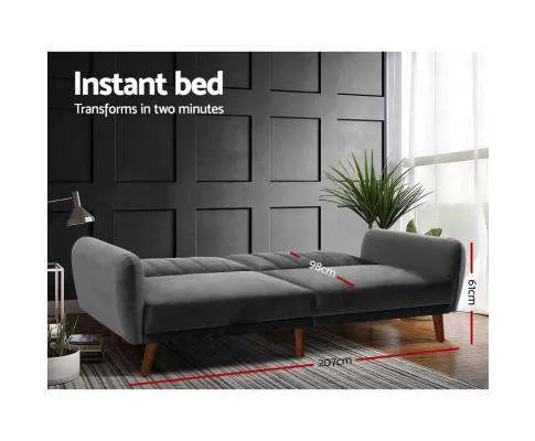 Sofa Bed Lounge 3 Seater Futon Couch Recline Chair Wooden 207cm Velvet - Dark rey