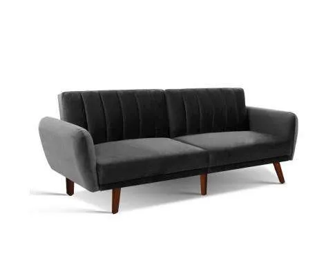 Sofa Bed Lounge 3 Seater Futon Couch Recline Chair Wooden 207cm Velvet - Dark rey