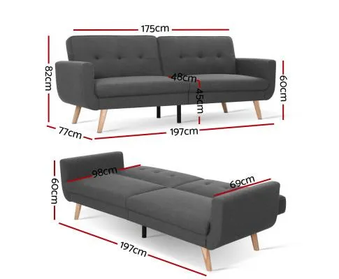 Sofa Bed Lounge Set Couch Futon 3 Seater Fabric Reliner 197cm Dark Grey