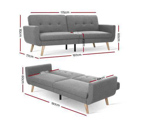 Sofa Bed Lounge Set Couch Futon 3 Seater Fabric Reliner 197cm Grey