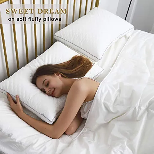 Standard Pillows for Sleeping 2 Pack Gusseted Bed Pillow, 20x26 Soft Hotel Pillow for Side and Back Sleeper, Plush Fiber Breathable Cotton Cover Full Pillow Set of 2 (Standard Size)
