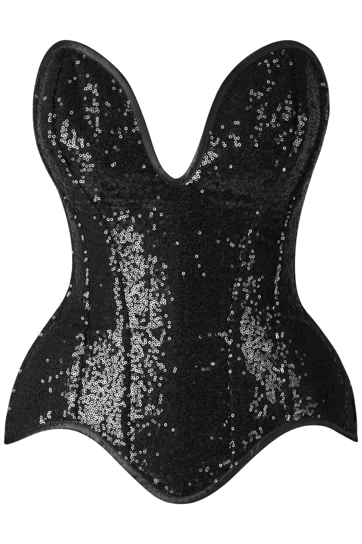 Steel Boned Black Sequin Plunge Neckline Overbust Corset