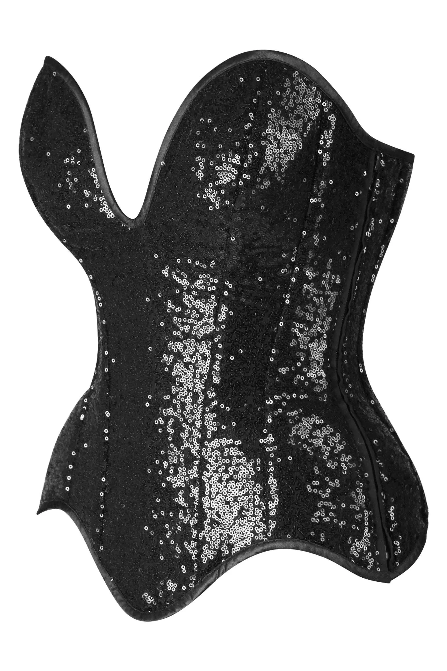 Steel Boned Black Sequin Plunge Neckline Overbust Corset