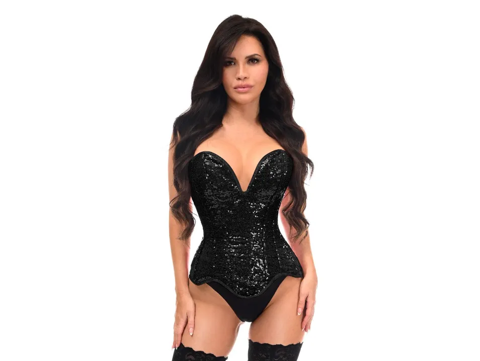 Steel Boned Black Sequin Plunge Neckline Overbust Corset