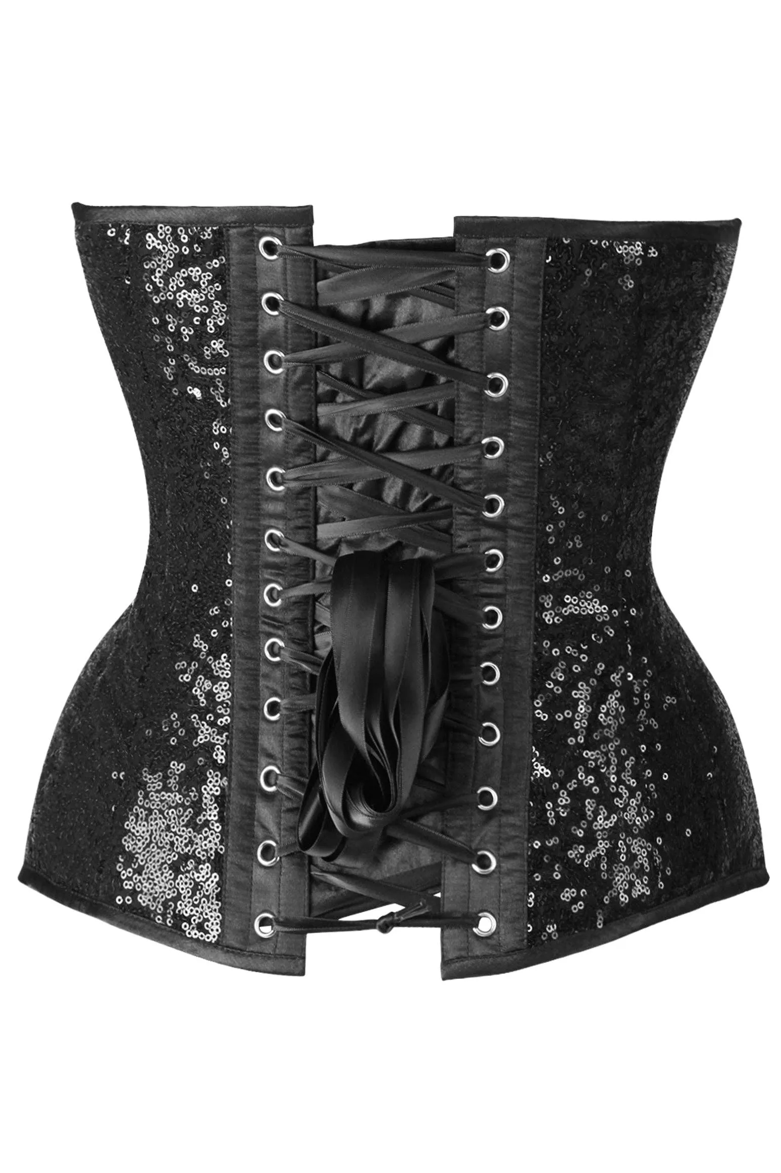 Steel Boned Black Sequin Plunge Neckline Overbust Corset
