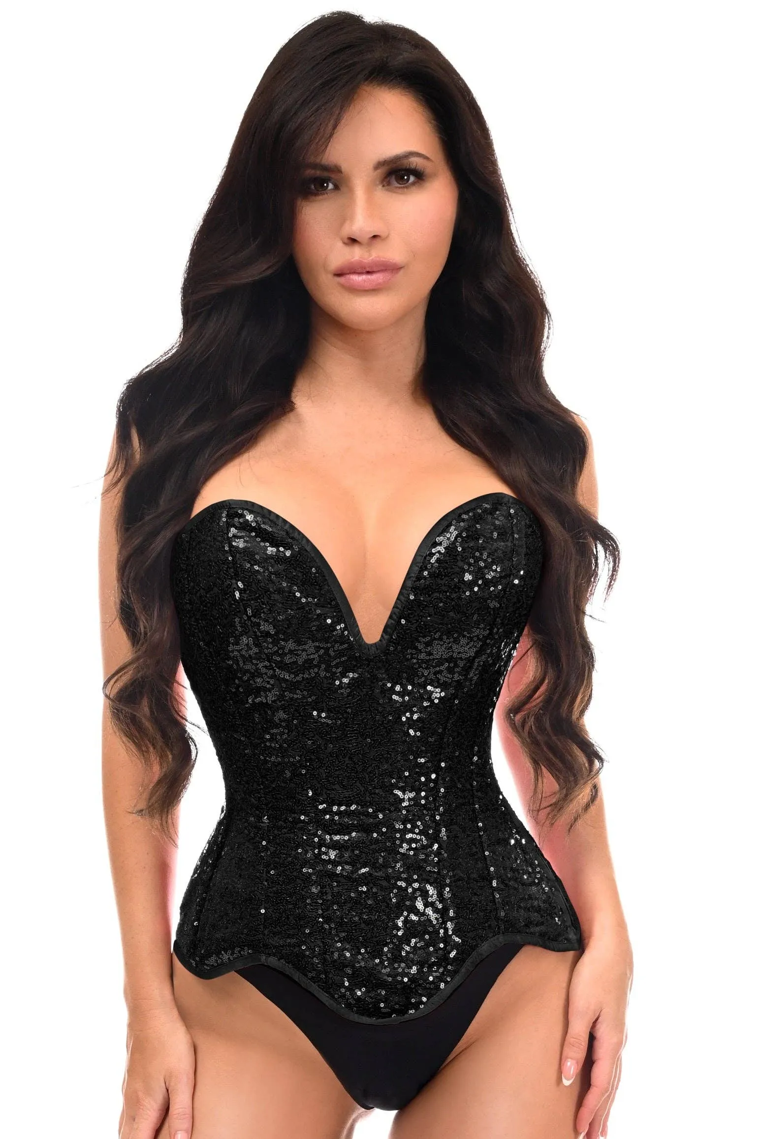 Steel Boned Black Sequin Plunge Neckline Overbust Corset