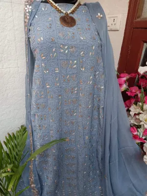 Steel Grey Fancy Chikankari Gota Salwar Suit Unstitched Fabric
