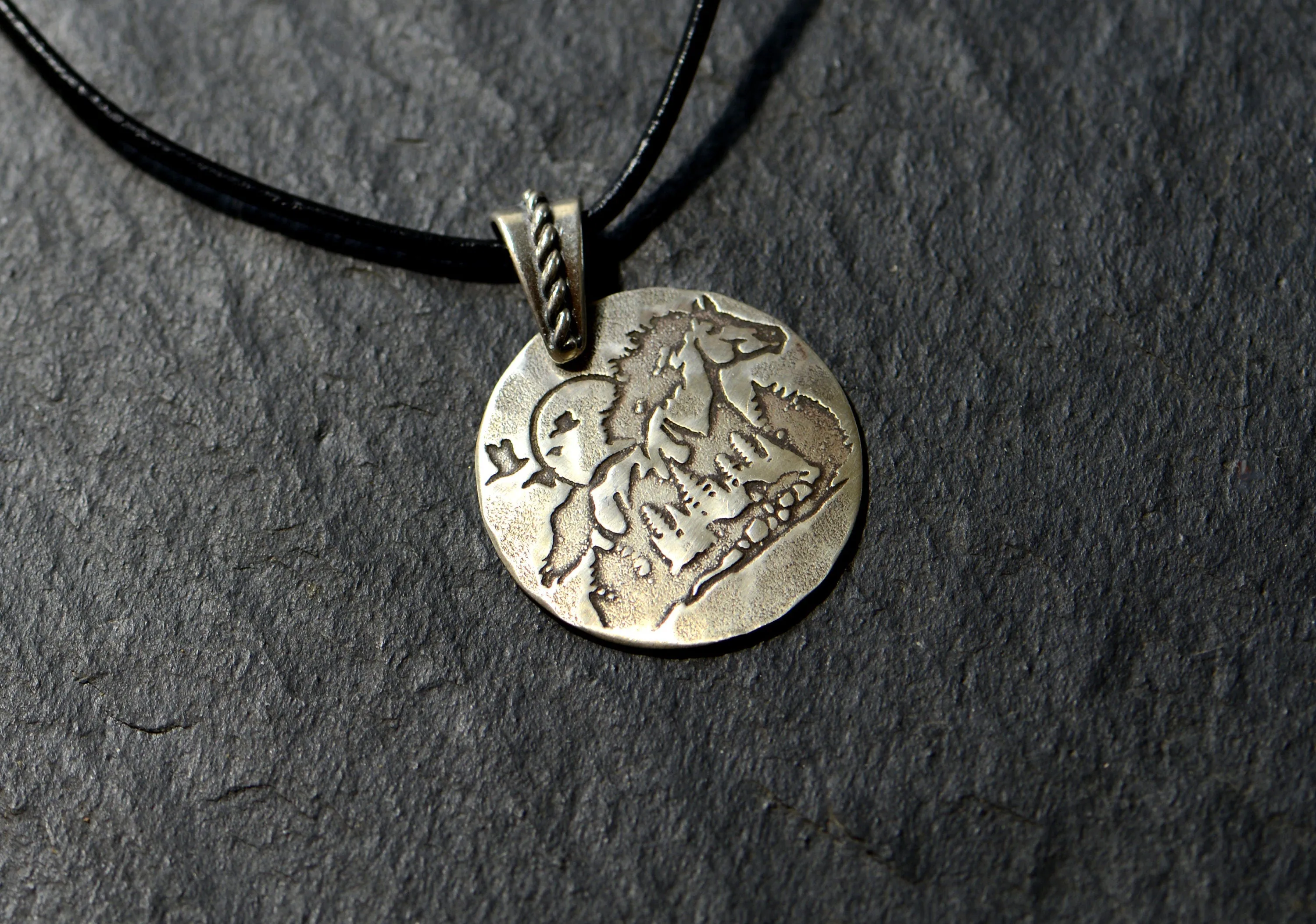 Sterling silver horse and moon guitar pick with trees