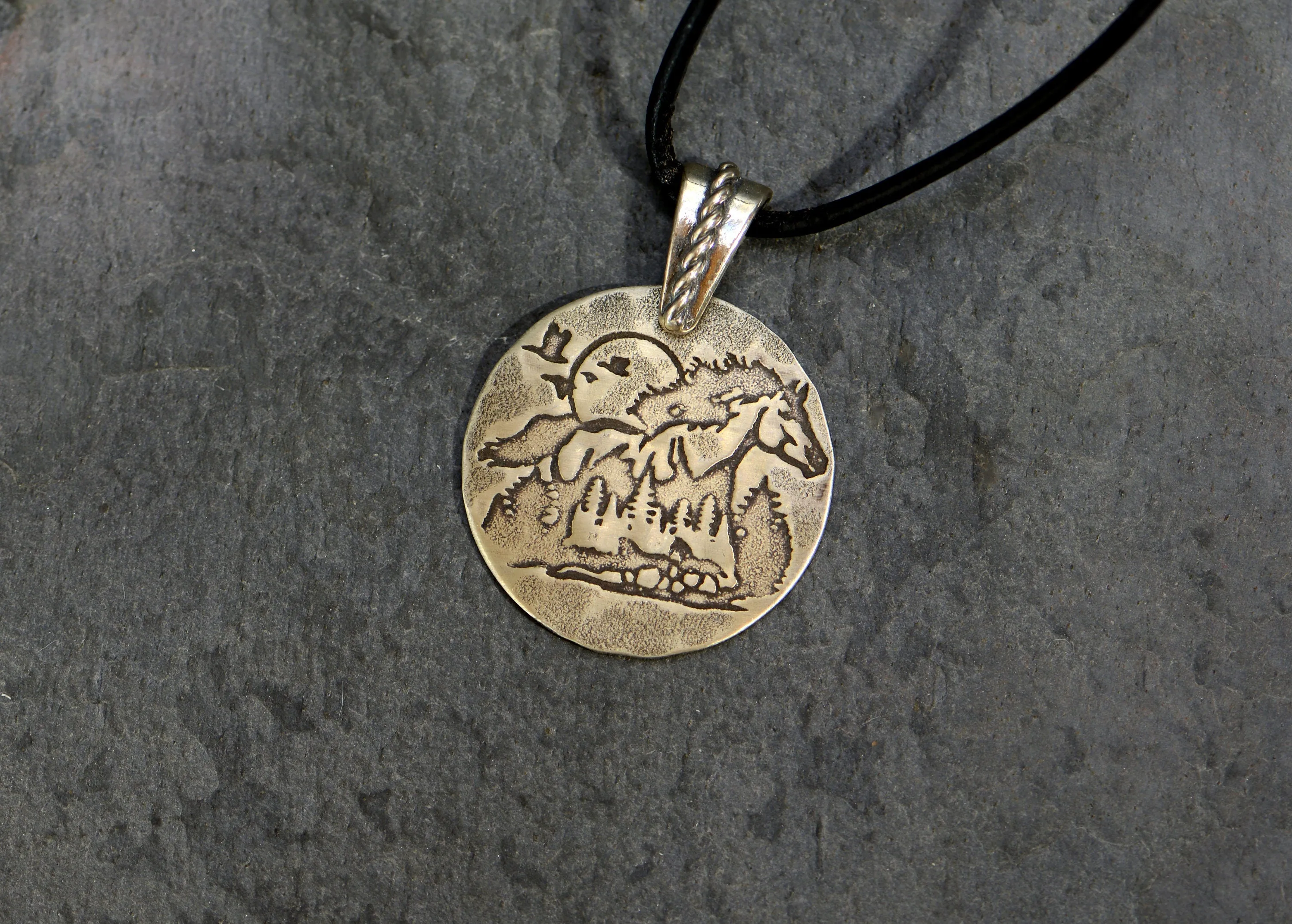 Sterling silver horse and moon guitar pick with trees