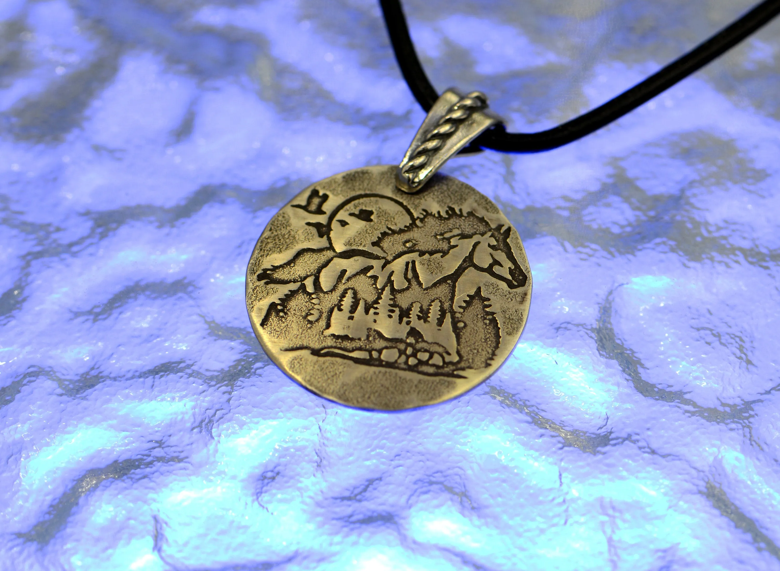 Sterling silver horse and moon guitar pick with trees