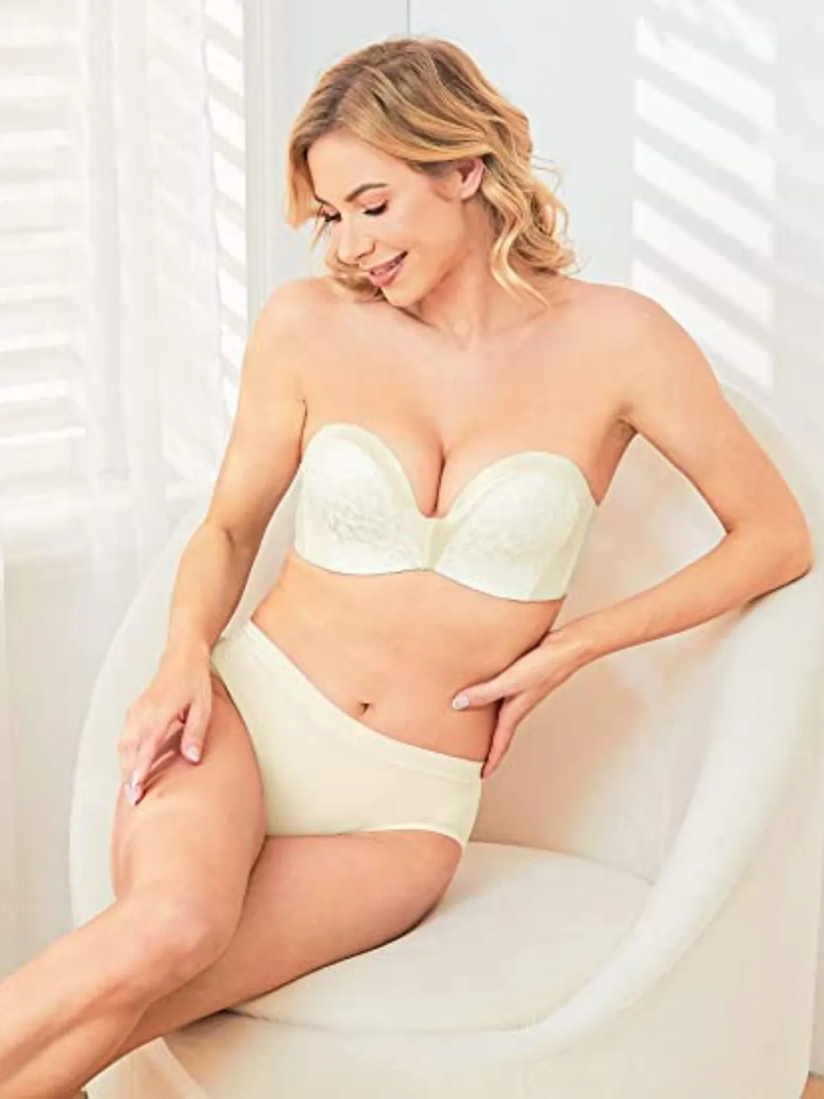 Strapless Bra Push Up Plunge Wireless Padded Multiway Contour Ivory White