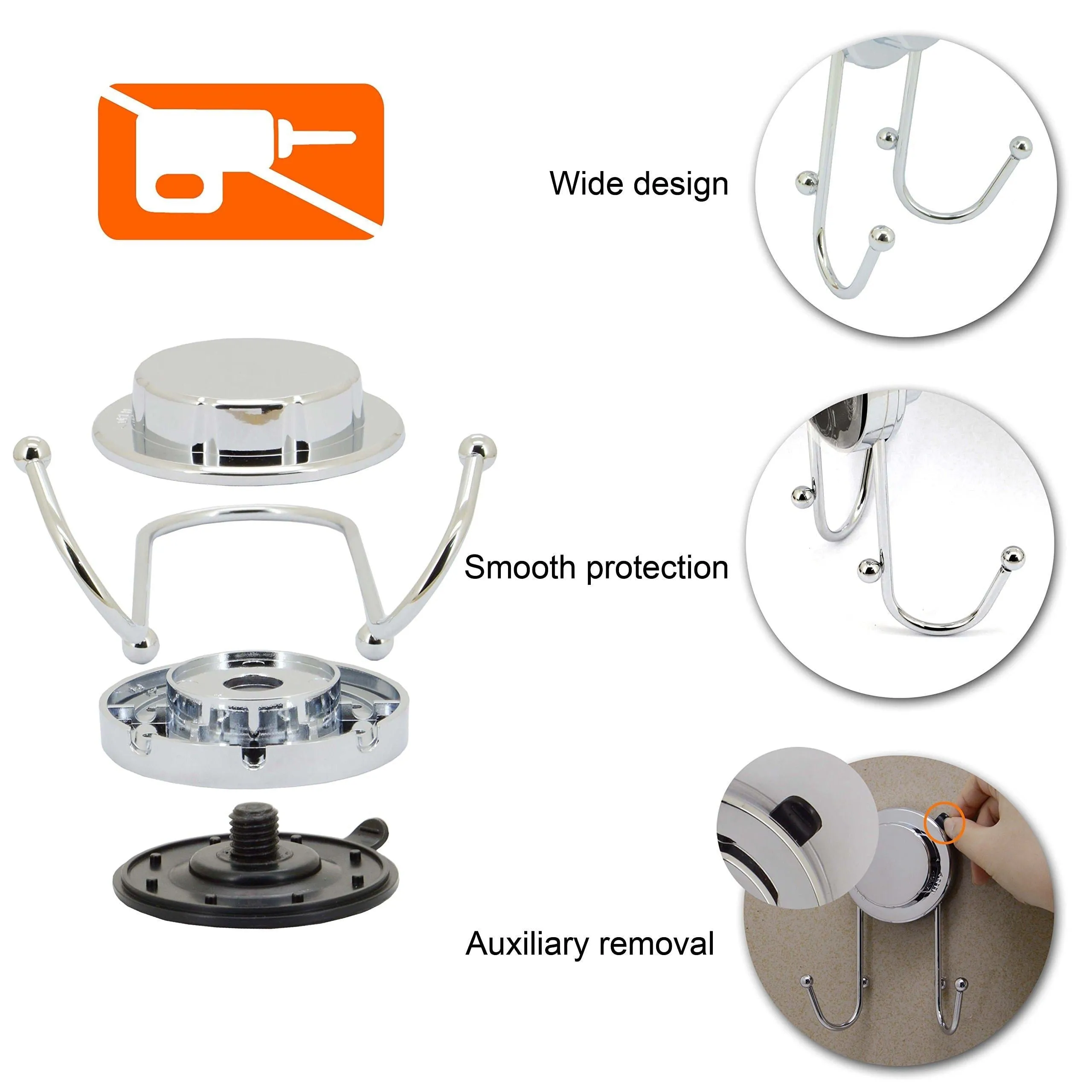 Suction Cup Hook,OKOMATCH Chrome Adhesive Vacuum Wall Mount Stainless Steel Holder Storage Hanger,Heavy Duty,Repeated Use - 2Pcs/Pack