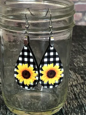 Sunflower and plaid Earrings, Fall Earrings, Fall Gifts, Drop Earrings, Sunflower Earrings, Sunflower Gifts
