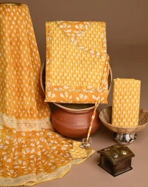 Sunflower Yellow Angrakha Printed Trending Cotton Suit Set